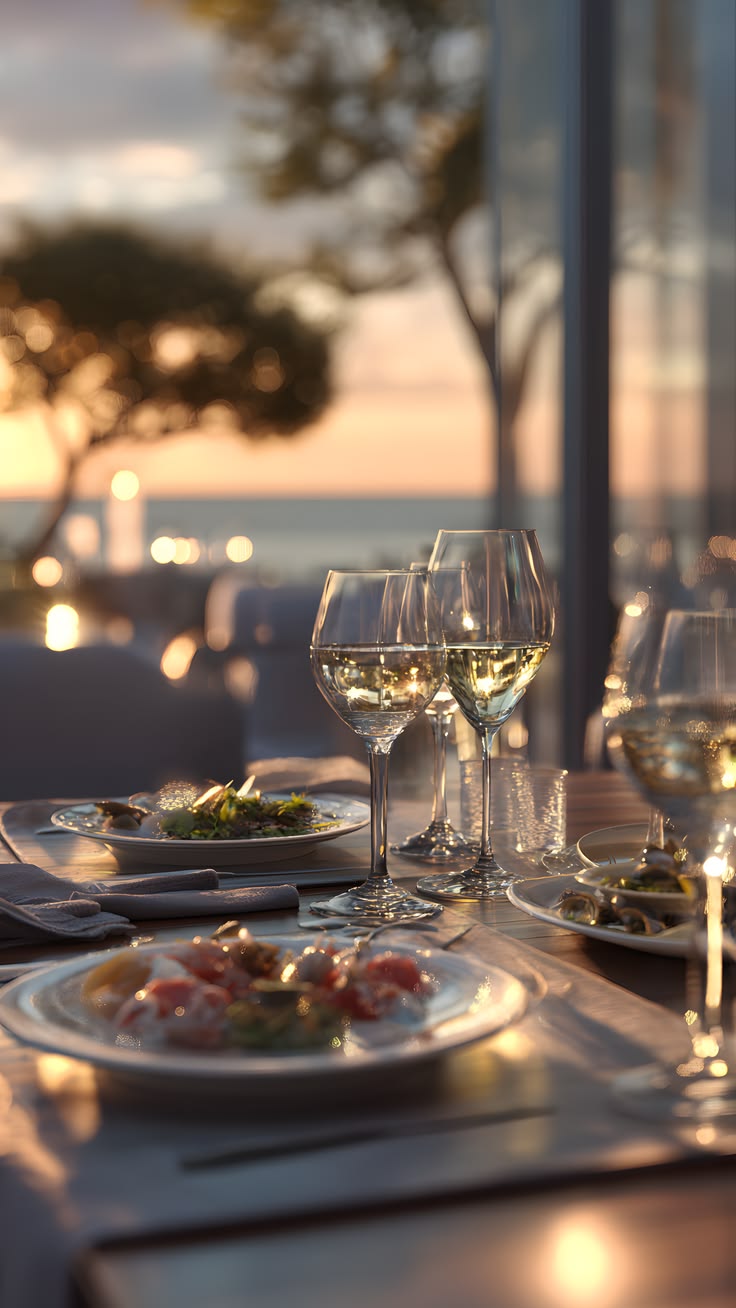 An opulent coastal table at golden hour with plates and luminous wine glasses