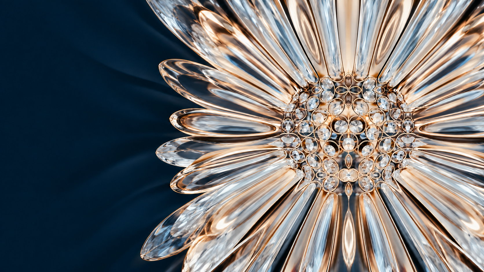 A luminous crystal flower with champagne-gold reflections on deep sapphire
