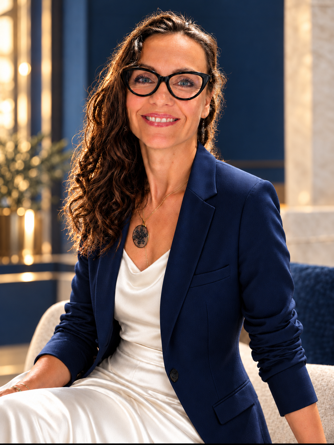 Dace Krumina in a deep-sapphire blazer and warm-ivory clothing