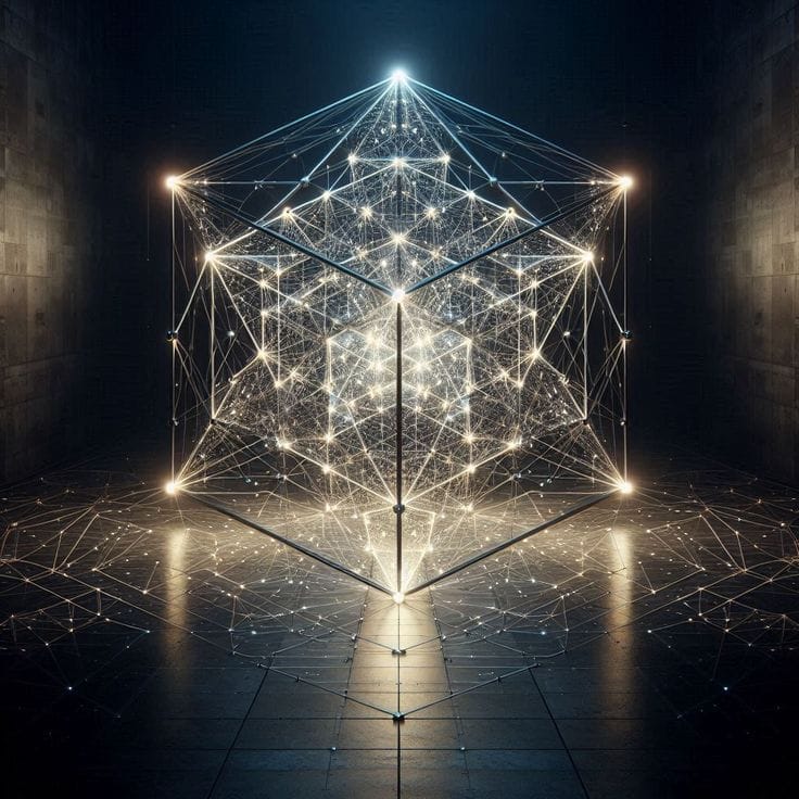 Luminous geometric architecture expressing the interconnected organisation of a living system