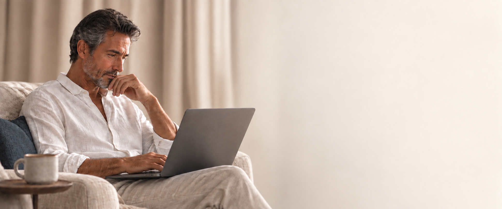 A man reading quietly on a laptop with a warm drink beside him