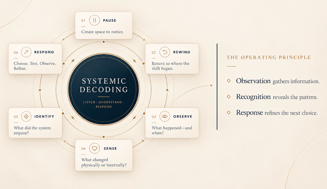 The Systemic Decoding Loop: Pause, Rewind, Observe, Sense, Identify and Respond, alongside its operating principle.